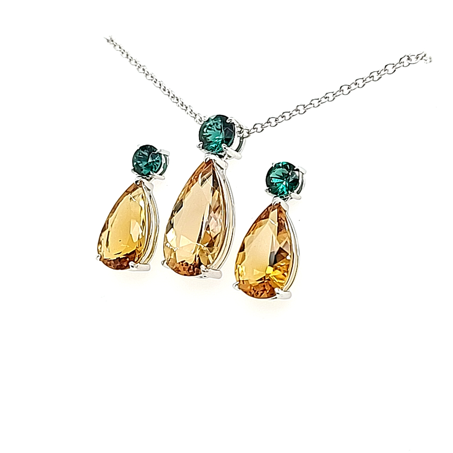 14.05ct Heliodor and Indicolite Tourmaline Earrings and Pendant set in 14kt White Gold with Certificate - Skyjems Wholesale Gemstones