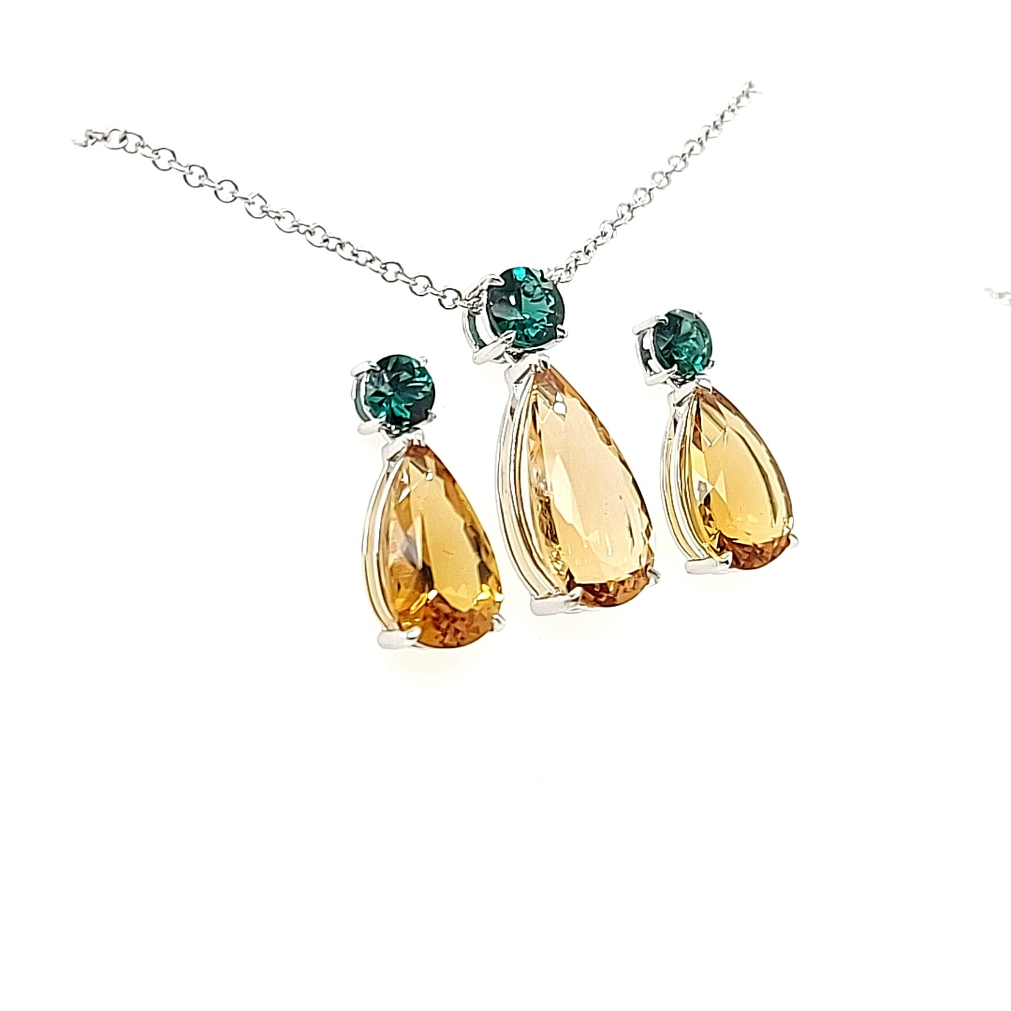 14.05ct Heliodor and Indicolite Tourmaline Earrings and Pendant set in 14kt White Gold with Certificate - Skyjems Wholesale Gemstones