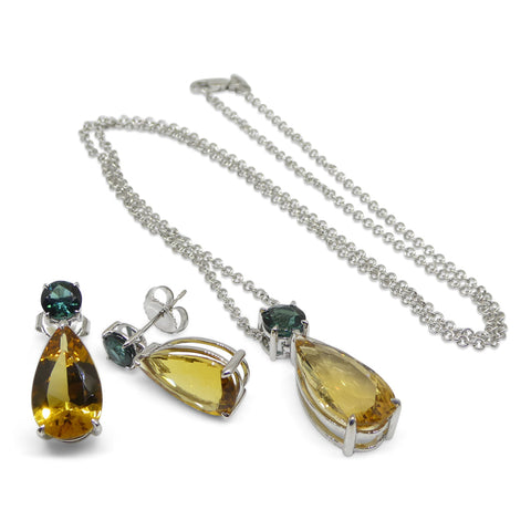 14.05ct Heliodor and Indicolite Tourmaline Earrings and Pendant set in 14kt White Gold with Certificate