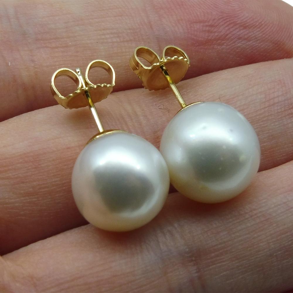 12mm White South Sea Pearl Earrings in 14kt Yellow Gold - Skyjems Wholesale Gemstones