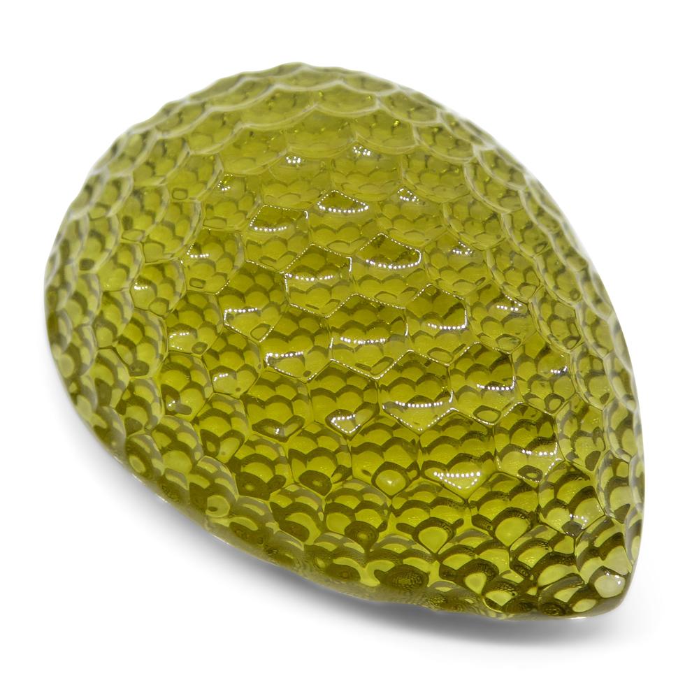 64.54 carat Brazilian Lemon Citrine Pear Fantasy Cut gemstone from SkyJems, vibrant yellow-green precision gem for collectors