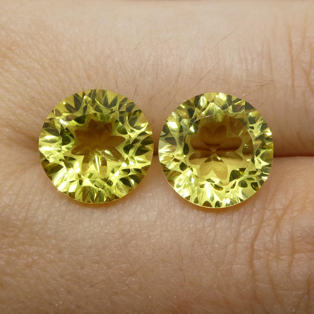 SkyJems 9.17ct Round Lemon Citrine Fantasy Cut Pair from Brazil, vibrant yellow gemstone for collectors and jewelry design