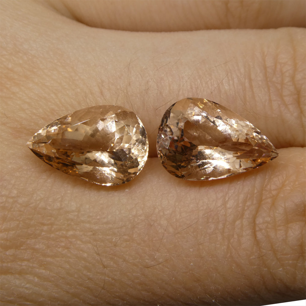 SkyJems 10.07 ct Brazilian Pear Morganite Pair: Orangy Pink Beryl Gemstone with Strong Color and Brilliance