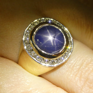 6.42ct Blue Star Sapphire, Diamond Gent's Ring set in 14k Yellow & White Gold - Skyjems Wholesale Gemstones