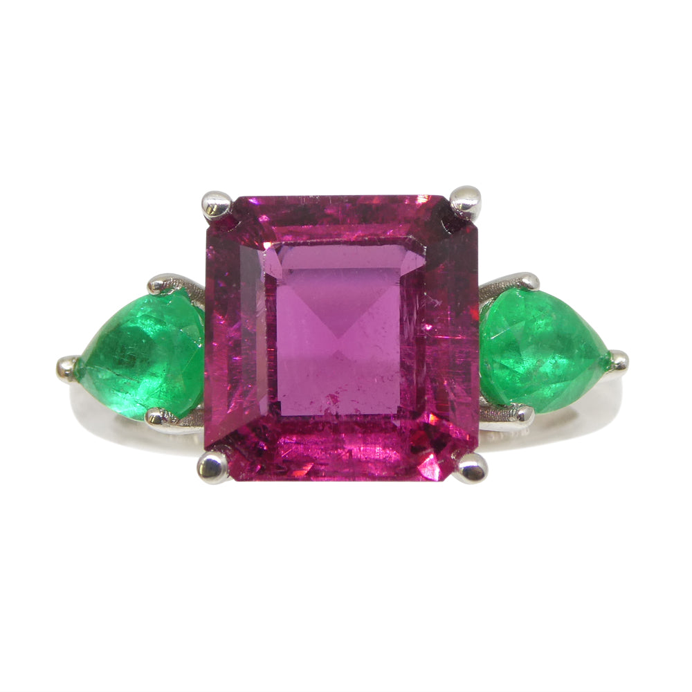 2.47ct Vivid Pink Tourmaline, Emerald Statement or Engagement Ring set in 14k White Gold