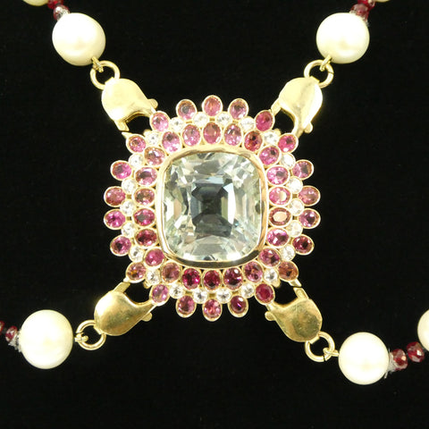 43ct Aquamarine, Pink Tourmaline, Sapphire, Pearl and Ruby Body Chain set in 10k Yellow Gold