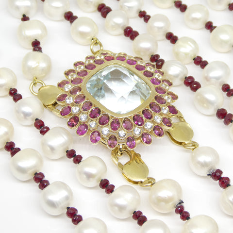 43ct Aquamarine, Pink Tourmaline, Sapphire, Pearl and Ruby Body Chain set in 10k Yellow Gold
