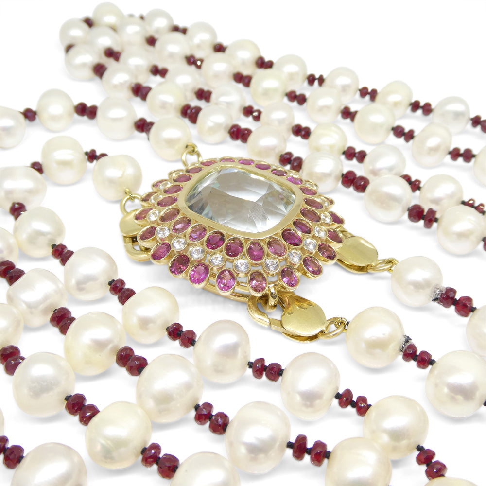 43ct Aquamarine, Pink Tourmaline, Sapphire, Pearl and Ruby Body Chain set in 10k Yellow Gold - Skyjems Wholesale Gemstones