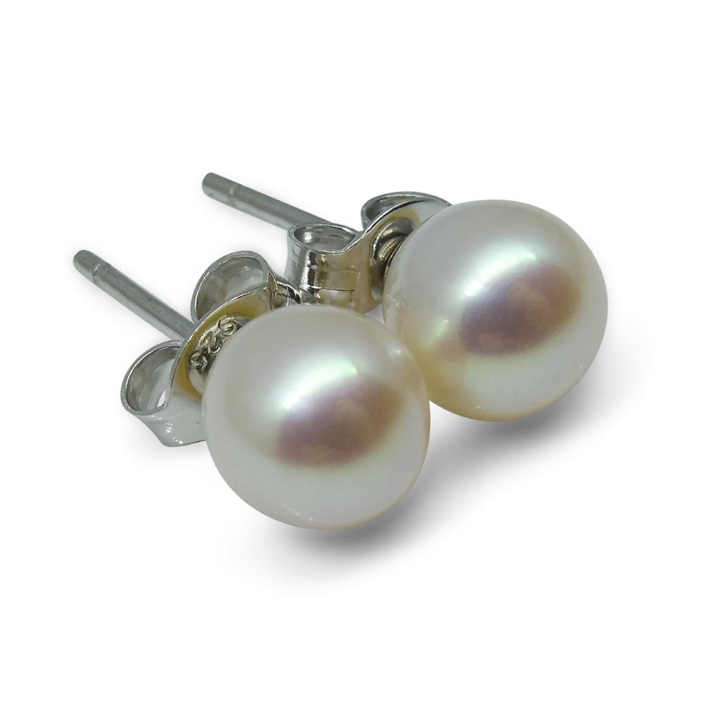 Sterling Silver 6.5mm Pair Natural White Pearl Stud Earrings - Skyjems Wholesale Gemstones