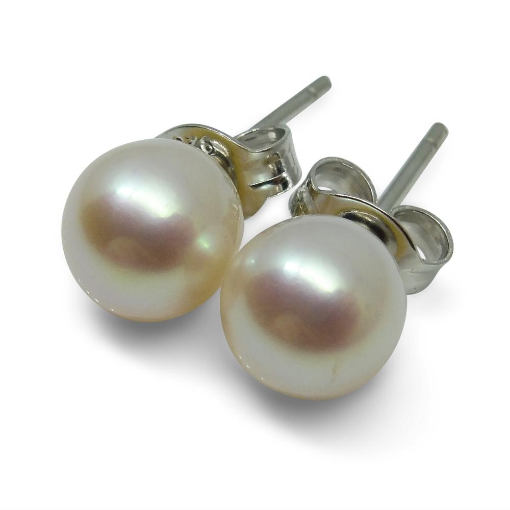 Sterling Silver 6.5mm Pair Natural White Pearl Stud Earrings - Skyjems Wholesale Gemstones