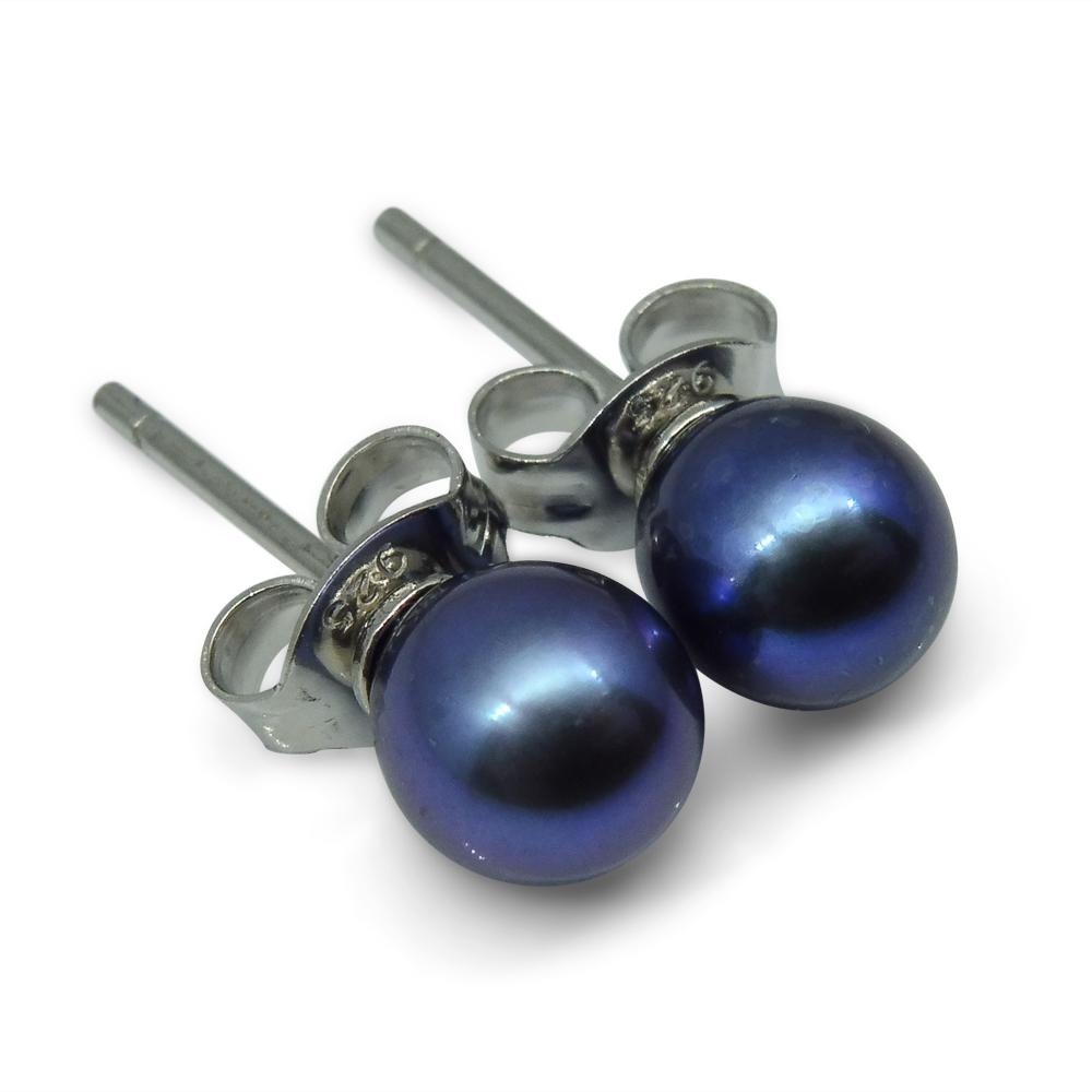 Sterling Silver 5mm Pair Natural Peacock Blue Pearl Stud Earrings - Skyjems Wholesale Gemstones