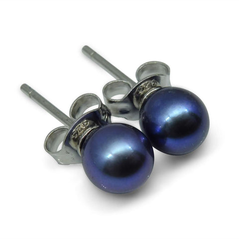 Sterling Silver 5mm Pair Natural Peacock Blue Pearl Stud Earrings