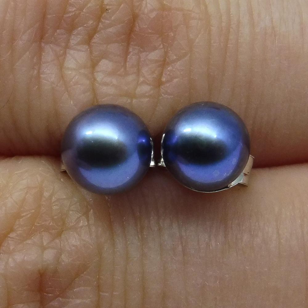 Sterling Silver 5mm Pair Natural Peacock Blue Pearl Stud Earrings - Skyjems Wholesale Gemstones