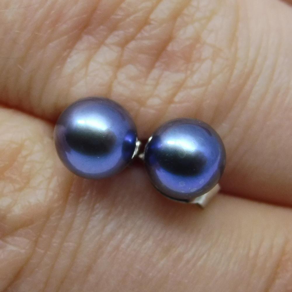 Sterling Silver 5mm Pair Natural Peacock Blue Pearl Stud Earrings - Skyjems Wholesale Gemstones