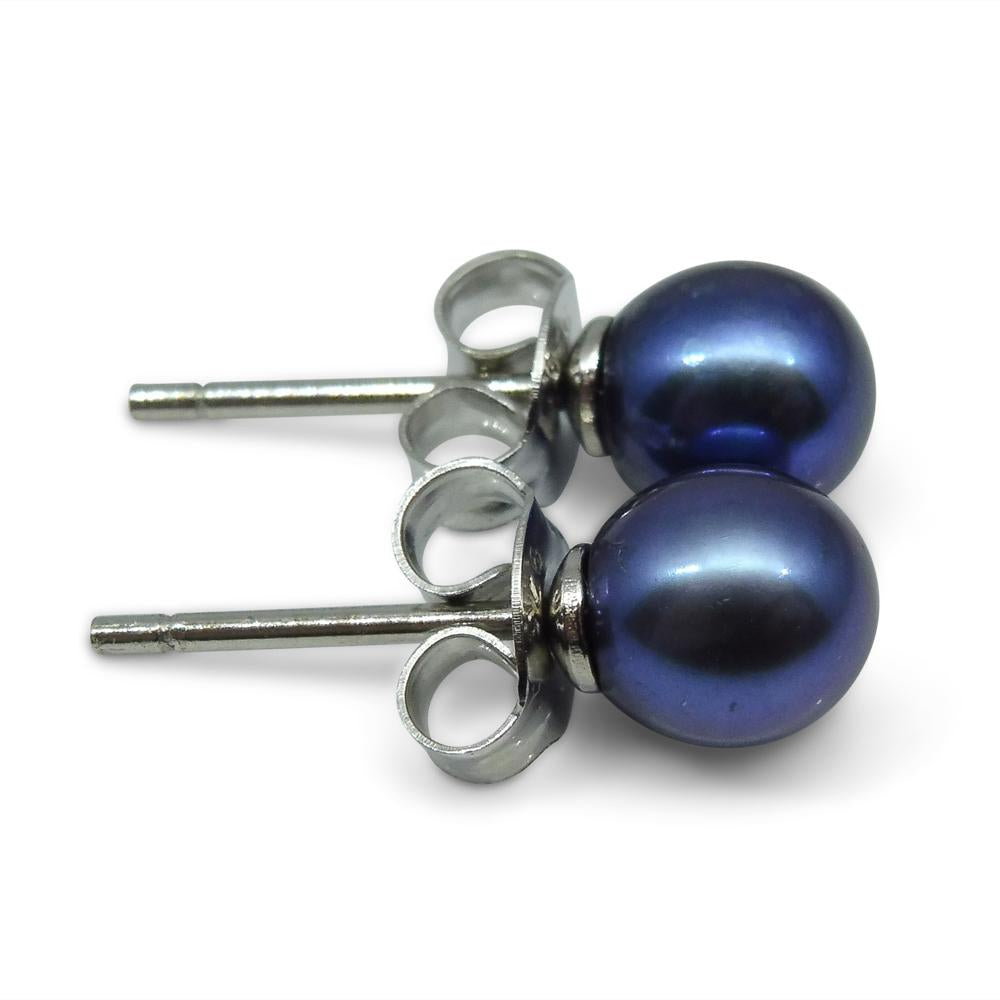 Sterling Silver 5mm Pair Natural Peacock Blue Pearl Stud Earrings - Skyjems Wholesale Gemstones