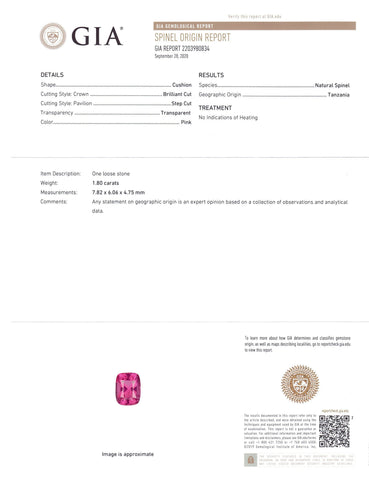 Vivid Intense Pink Mahenge Spinel 1.80ct Cushion Cut GIA Certified Tanzania Unheated