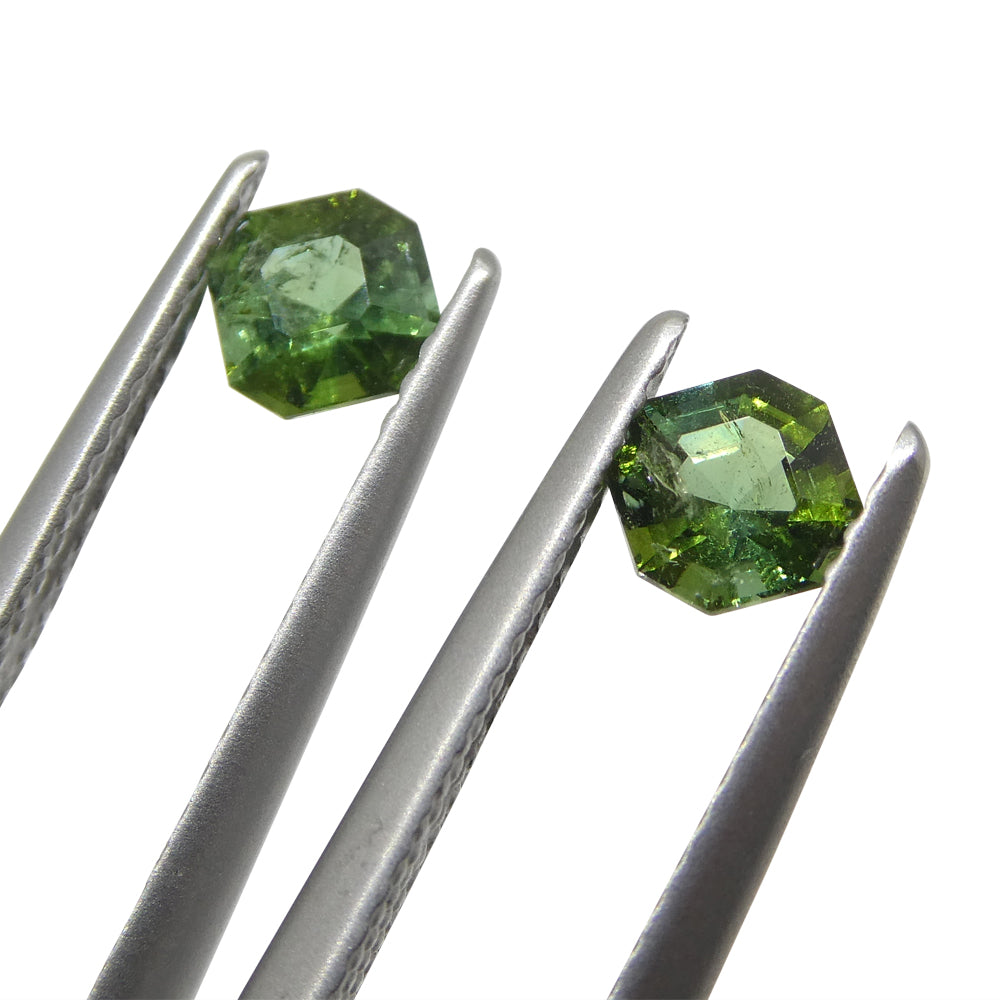 0.8ct Asscher Green Tourmaline Pair from Brazil, matched octagonal step-cut gemstones by SkyJems Canadian gem experts
