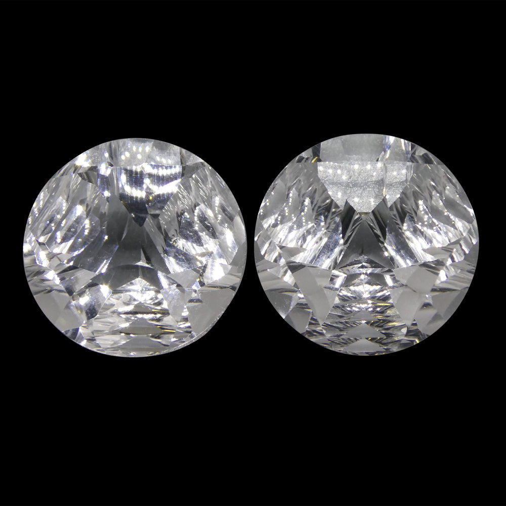 SkyJems 23.38ct Round White Quartz Fantasy Cut Pair from Brazil, pristine colorless gemstone matching set