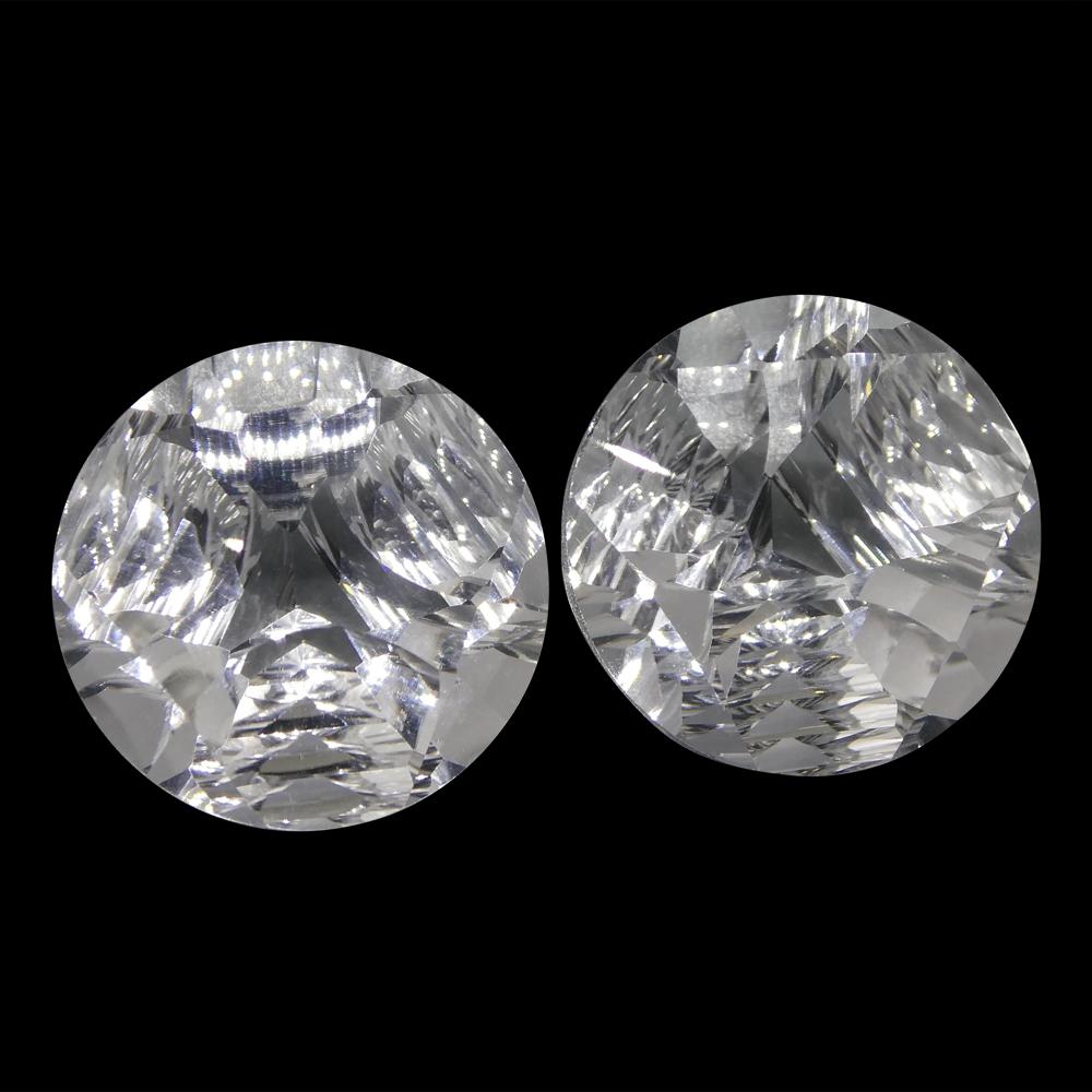 SkyJems 23.38ct Round White Quartz Fantasy Cut Pair from Brazil, pristine colorless gemstone matching set