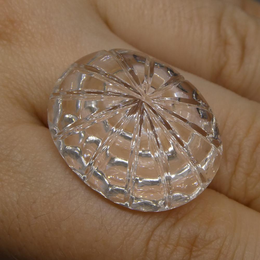 43.15 carat Brazilian White Quartz oval fantasy cut gemstone, clear and lustrous, precision carved by SkyJems Canadian gem ex