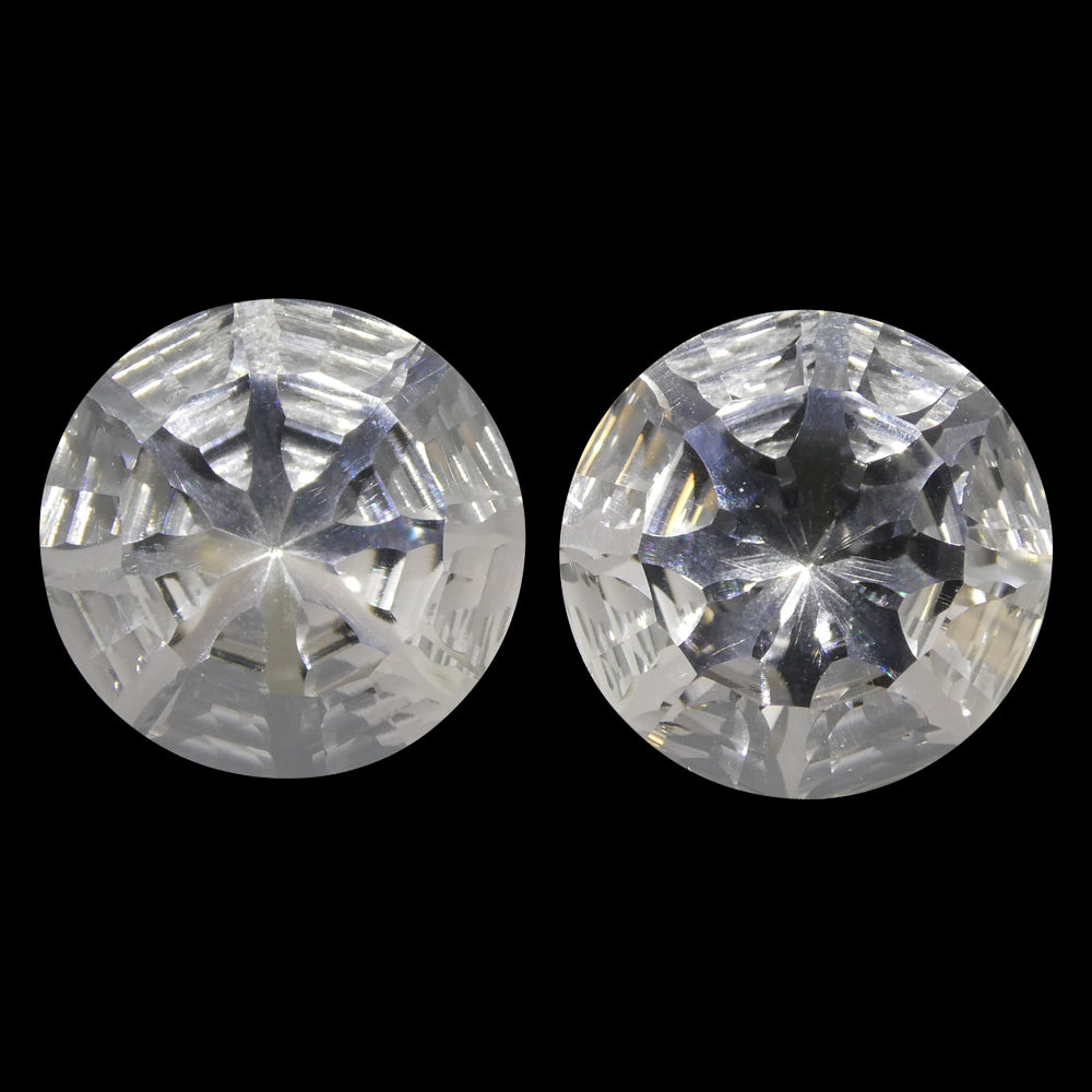 SkyJems 14.56ct Round White Quartz Fantasy Cut Pair from Brazil, clear gemstone for jewelry design and collectors