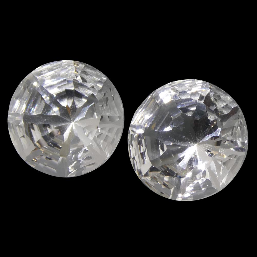 SkyJems 14.56ct Round White Quartz Fantasy Cut Pair from Brazil, clear gemstone for jewelry design and collectors