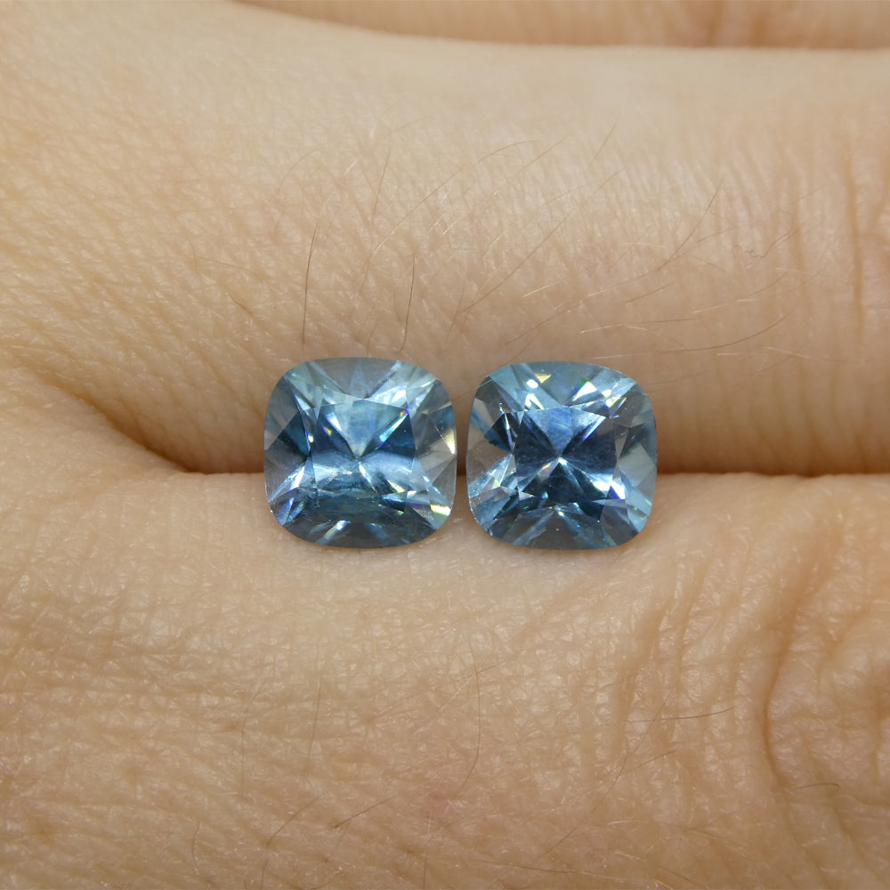 3.88ct Pair Square Cushion Diamond Cut Blue Zircon from Cambodia - Skyjems Wholesale Gemstones