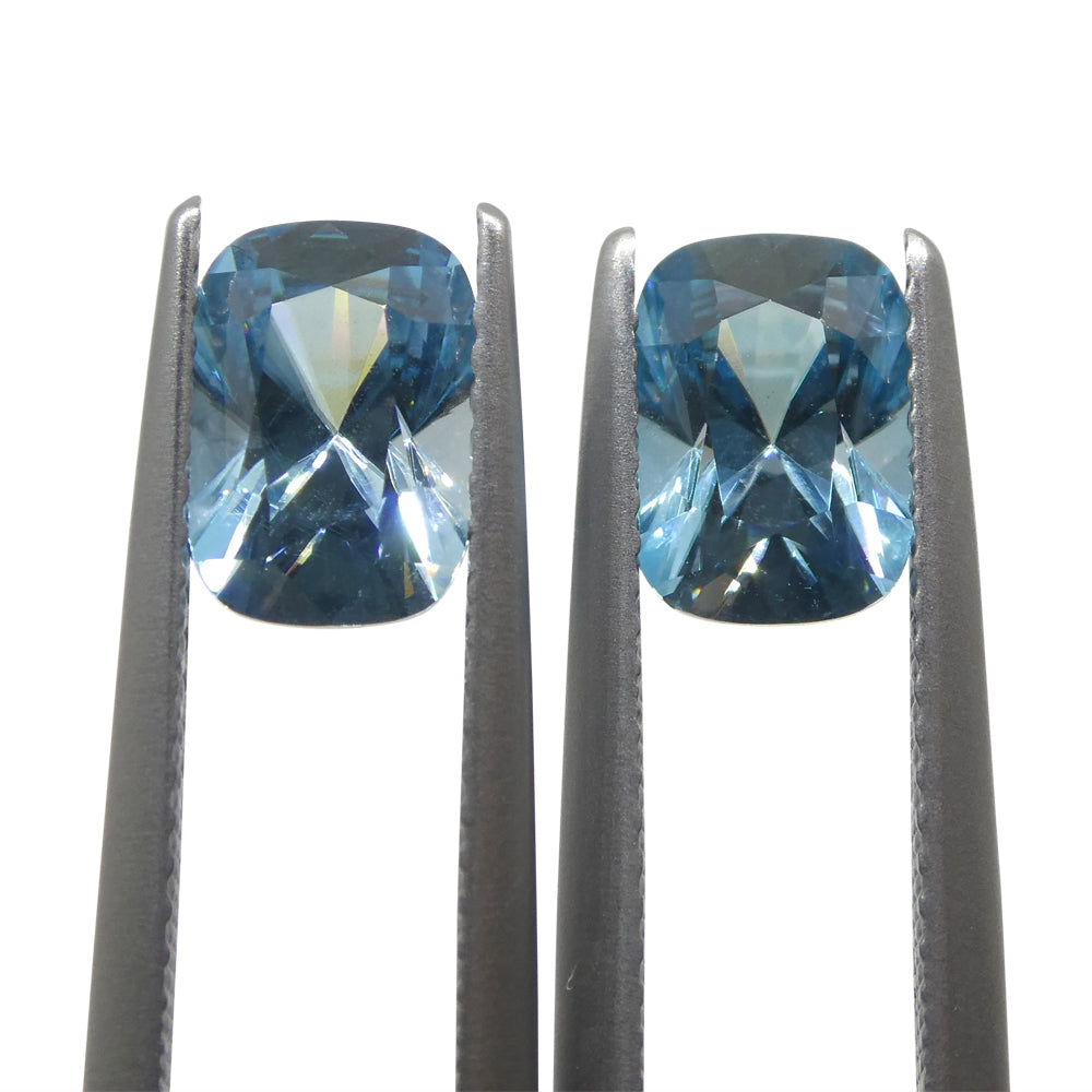 SkyJems 4.31ct Blue Zircon Pair, Cushion Cut Cambodian Gemstones, Natural Earth-Mined Brilliance